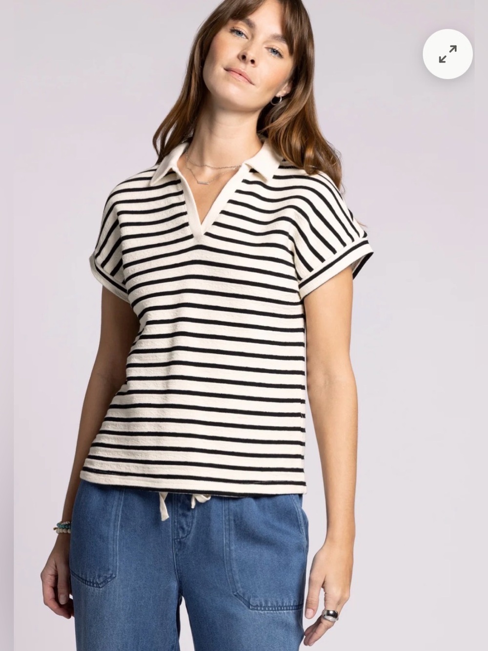 Thread & Supply Ivory Black Stripe Jenna Top Dolman Sleeve, Size Medium